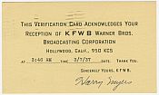 KFWB QSL card, 1937.